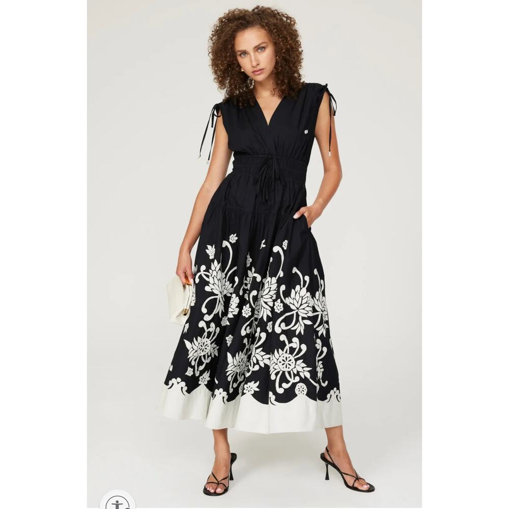 Derek‎ Lam 10 Crosby Fatima Dress Black Grey Floral Applique V-Neck Maxi Sz 0